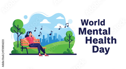 Flat style illustration of a woman listening to music on headphones in the park for World Mental Health Day, symbolizing relaxation, stress relief, and emotional wellbeing