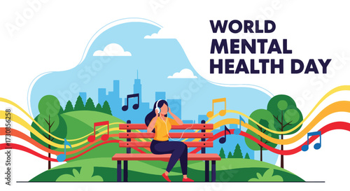 Flat style illustration of a woman listening to music on headphones in the park for World Mental Health Day, symbolizing relaxation, stress relief, and emotional wellbeing