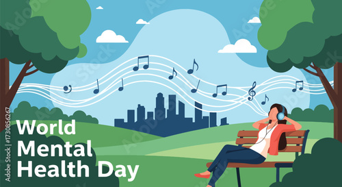Flat style illustration of a woman listening to music on headphones in the park for World Mental Health Day, symbolizing relaxation, stress relief, and emotional wellbeing