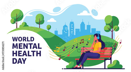 Flat style illustration of a woman listening to music on headphones in the park for World Mental Health Day, symbolizing relaxation, stress relief, and emotional wellbeing