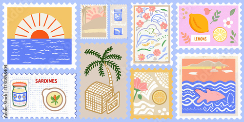 Collection of artistic postage stamps featuring summer vacation themes like sunsets beaches lemons and marine life