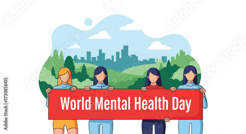 Flat style illustration of a group of people holding a banner for World Mental Health Day, symbolizing unity, awareness, and support for emotional wellbeing in a community setting