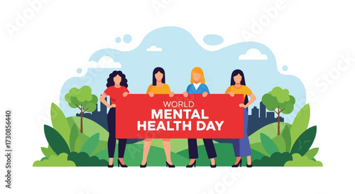 Flat style illustration of a group of people holding a banner for World Mental Health Day, symbolizing unity, awareness, and support for emotional wellbeing in a community setting