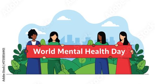 Flat style illustration of a group of people holding a banner for World Mental Health Day, symbolizing unity, awareness, and support for emotional wellbeing in a community setting