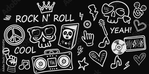 Funky rock n roll doodle collection featuring skulls guitars peace signs and music elements