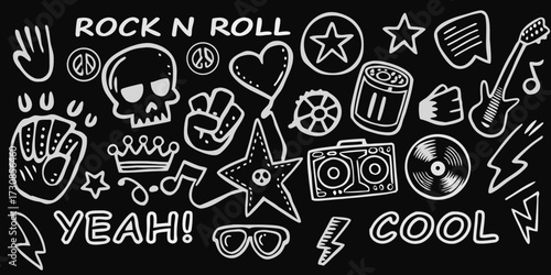 Rock and roll doodle collection featuring skulls guitars and musical symbols on black background