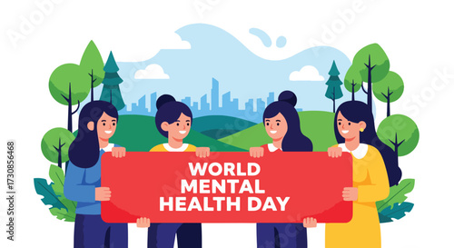 Flat style illustration of a group of people holding a banner for World Mental Health Day, symbolizing unity, awareness, and support for emotional wellbeing in a community setting