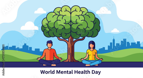 Flat style illustration of people meditating outdoors under a brain tree for World Mental Health Day, symbolizing relaxation, mindfulness, and emotional balance in a healthy lifestyle
