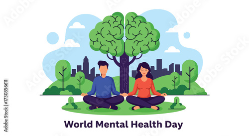 Flat style illustration of people meditating outdoors under a brain tree for World Mental Health Day, symbolizing relaxation, mindfulness, and emotional balance in a healthy lifestyle
