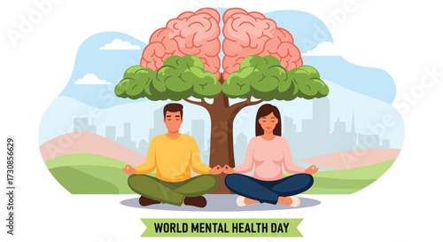 Flat style illustration of people meditating outdoors under a brain tree for World Mental Health Day, symbolizing relaxation, mindfulness, and emotional balance in a healthy lifestyle