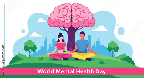Flat style illustration of people meditating outdoors under a brain tree for World Mental Health Day, symbolizing relaxation, mindfulness, and emotional balance in a healthy lifestyle
