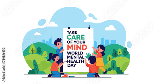 Flat style illustration of children drawing poster to promote World Mental Health Day, encouraging creativity, community, and awareness of emotional wellbeing in a positive environment.