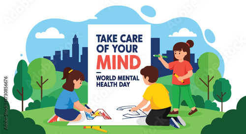 Flat style illustration of children drawing poster to promote World Mental Health Day, encouraging creativity, community, and awareness of emotional wellbeing in a positive environment.