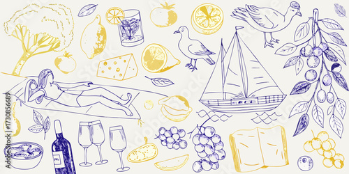 Whimsical hand drawn illustration of summer leisure with food drinks and sailing elements