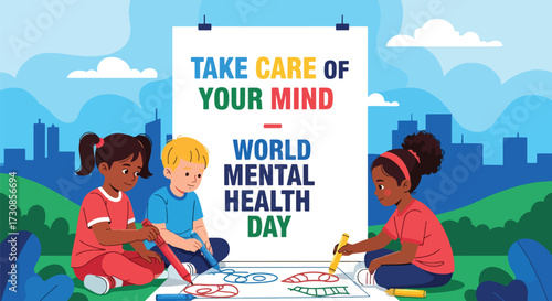 Flat style illustration of children drawing poster to promote World Mental Health Day, encouraging creativity, community, and awareness of emotional wellbeing in a positive environment.