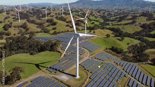 Sustainable Energy Landscape - Wind Turbines and Solar Panels Coexisting Harmoniously.