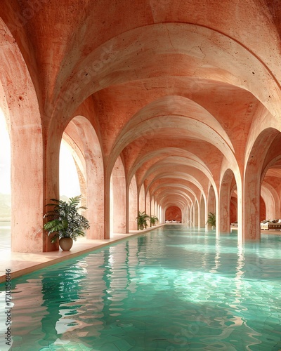 Serene Indoor Swimming Pool with Arched Architecture and Natural Light Enhancing Relaxation Atmosphere