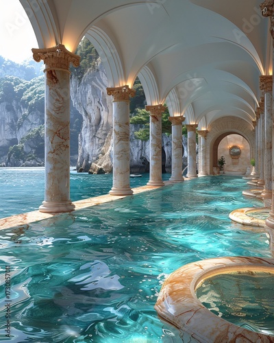 Elegant Interior Space with Marble Columns and Crystal Clear Water at Luxury Resort with Tropical Views