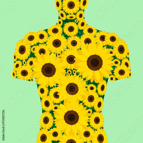 Conceptual illustration of a human torso made entirely of blooming yellow sunflowers, symbolizing vitality and a deep connection with nature