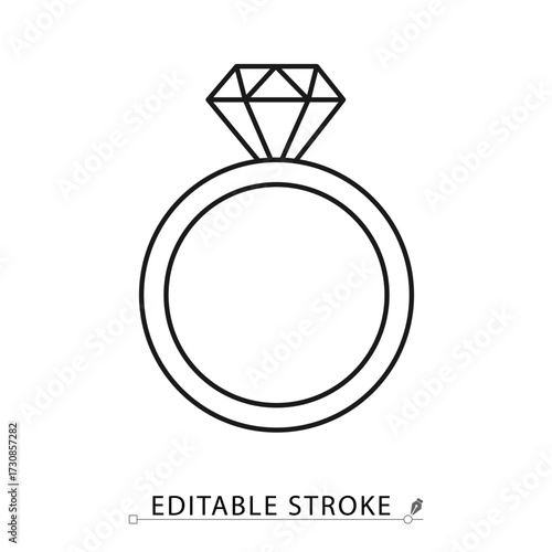 A diamond ring icon in a minimalist line style with editable stroke. Engagement jewelry, wedding proposal, luxury accessory, expensive gemstone gift, love and romance symbol, marriage.