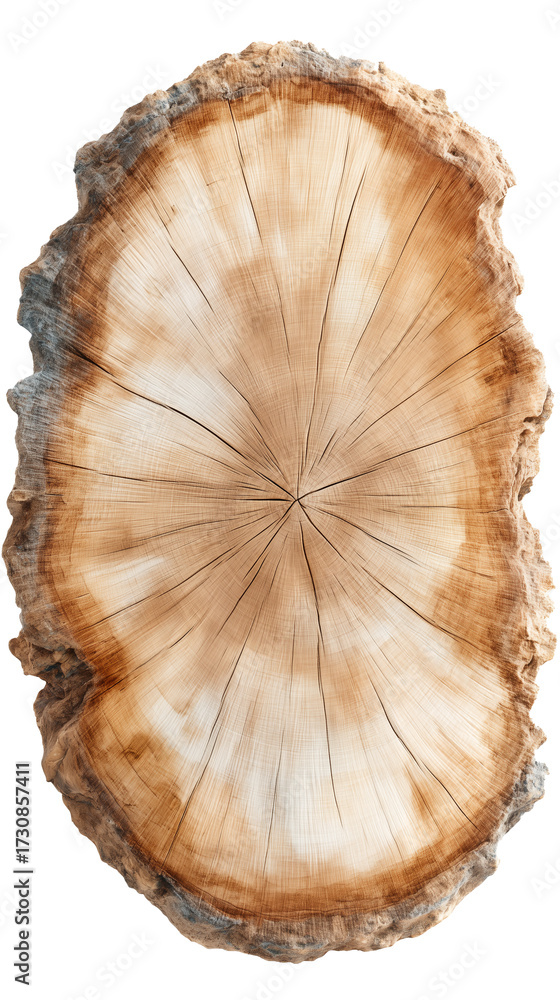 Obraz premium A high-quality tree stump cutout isolated on a white background with natural bark texture and growth rings. Ideally prepared for commercial use: absolutely no shadows or reflections, no floor contact,