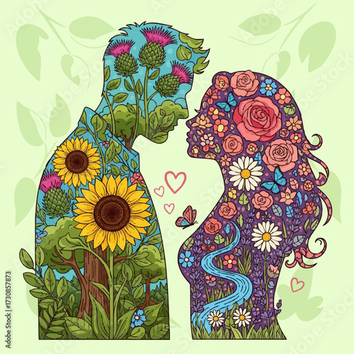 Symbolic artistic representation of a couple's love, silhouettes filled with sunflowers, roses, and lush green landscapes, embodying unity with nature