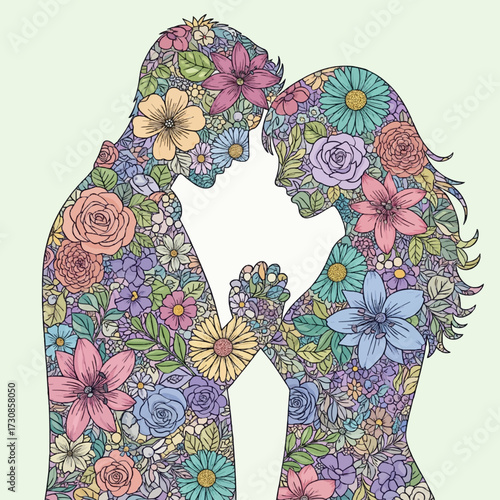 An artistic illustration of a man and woman's silhouettes filled with a beautiful and intricate pattern of colorful blooming flowers, symbolizing love and connection