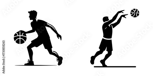 Modern Minimalist Man Playing Basketball Icon, Flat Silhouette of a Sports Action Vector for Athletic Illustration Design