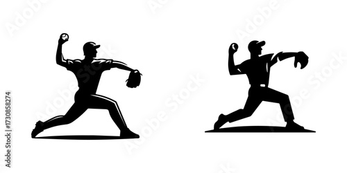 Modern Minimalist Man Throwing Baseball Icon, Flat Silhouette of a Full-Body Pitching Vector for Athletic Illustration Design