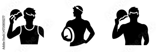 Modern Minimalist Man with Half-Body View Holding Swim Cap Icon, Flat Silhouette of a Sport Athlete Vector for Aquatic Illustration Design