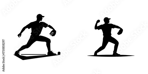 Modern Minimalist Man Throwing Baseball Icon, Flat Silhouette of a Pitching Action Vector for Athletic Illustration Design