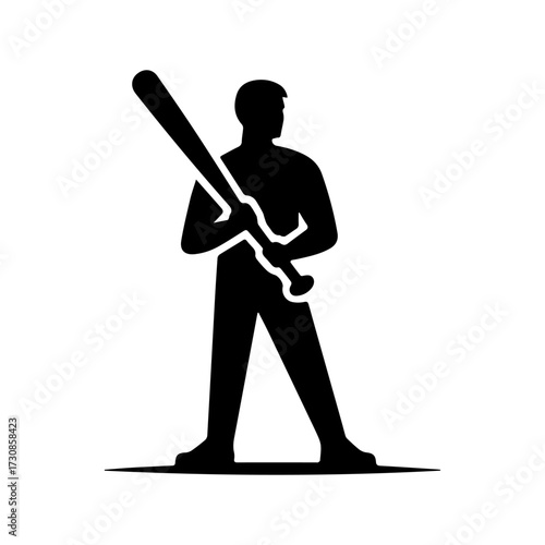 Modern Minimalist Man Holding Baseball Bat Icon, Flat Silhouette of a Sports Action Vector for Athletic Illustration Design