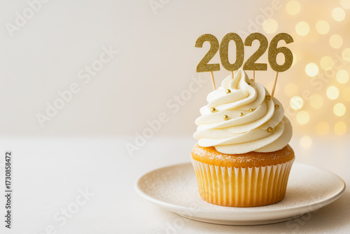 A festive New Year's cupcake with the numbers 2026, decorated with gold confectionery balls, on a light background with bokeh and copy space.