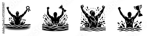 Modern Minimalist Men Celebrating Swimming Victory Icon, Flat Silhouette of a Sport Athlete Vector for Achievement Illustration Design