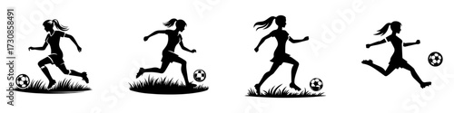 Modern Minimalist Women Dribbling Football Across Grass Icon, Flat Silhouette of a Sport Athlete Vector for Soccer Illustration Design