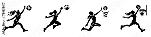 Modern Minimalist Woman Shooting Basketball One-Handed Icon, Flat Silhouette of a Sports Action Vector for Athletic Illustration Design