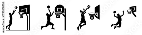 Modern Minimalist men Jumping Basketball Icon, Flat Silhouette of a Sports Action Vector for Athletic Illustration Design