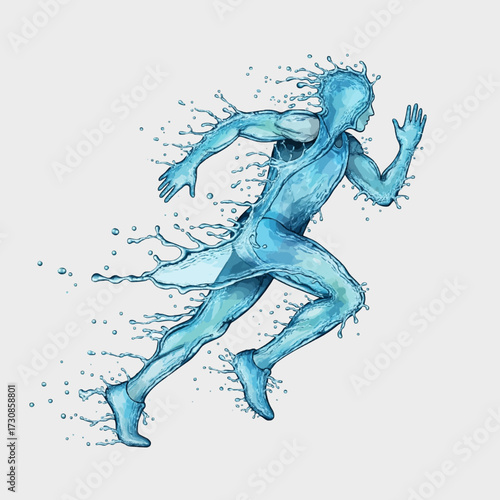 Dynamic figure of a runner in motion, artistically crafted from splashing blue water, symbolizing hydration, energy, and fluidity
