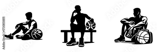 Modern Minimalist Men Sitting Basketball Icon, Flat Silhouette of a Sports Rest Vector for Athletic Illustration Design