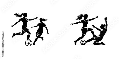 Modern Minimalist Women Defending Football Opponent Icon, Flat Silhouette of a Sport Athlete Vector for Soccer Illustration Design