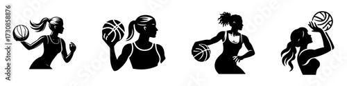 Modern Minimalist Woman Shooting Basketball Icon, Flat Silhouette of a Sports Pose Vector for Athletic Illustration Design