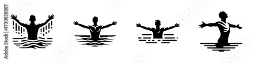 Modern Minimalist Man with Full-Body View Raises His Hands to the Surface of the Water Icon, Flat Silhouette of a Sport Athlete Vector for Aquatic Illustration Design