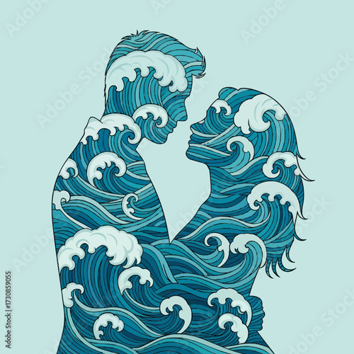 Romantic silhouette of a couple embracing, their forms filled with the deep blue and white foam of the ocean