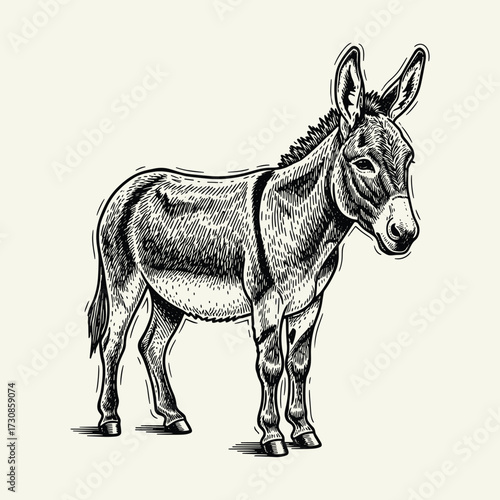 Vintage engraving style illustration of a standing donkey, rendered in black and white with intricate details and textured shading.