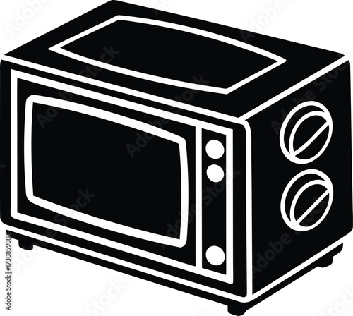 A black and white graphic illustration of a retro style microwave oven kitchen appliance shown at an angle