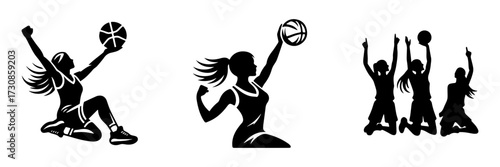 Modern Minimalist Woman Celebrating Basketball Score Icon, Flat Silhouette of a Sports Action Vector for Athletic Illustration Design
