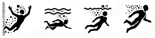 Modern Minimalist Men Swimming Underwater Icon, Flat Silhouette of a Sport Athlete Vector for Aquatic Illustration Design