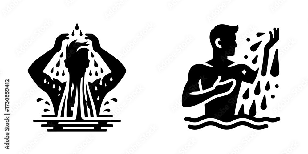 Obraz premium Modern Minimalist Man with Half-Body View Splashing Water Icon, Flat Silhouette of a Sport Athlete Vector for Aquatic Illustration Design