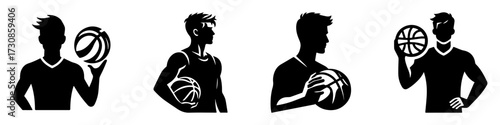 Modern Minimalist Men Holding Basketball Icon, Flat Silhouette of a Sports Action Vector for Athletic Illustration Design