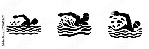 Modern Minimalist Men Swimming Freestyle Icon, Flat Silhouette of a Sports Action Vector for Athletic Illustration Design